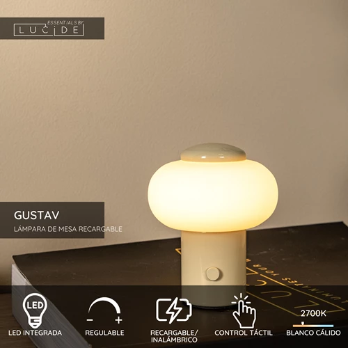 Lucide GUSTAV - Lámpara de mesa Recargable - Batería/acumulador - Ø 8 cm - LED Regul. - 1x0,8W 2700K - Beige | Essential - USP